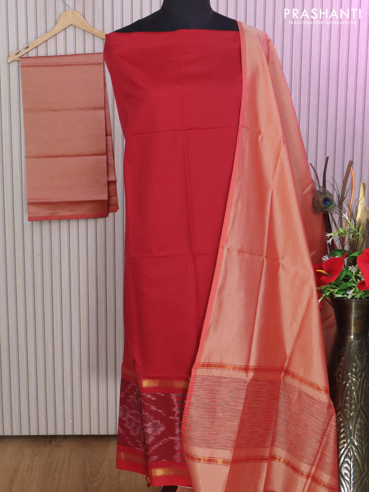 Ikat dress material red and peach shade with allover ikat weaves and bottom, dupatta