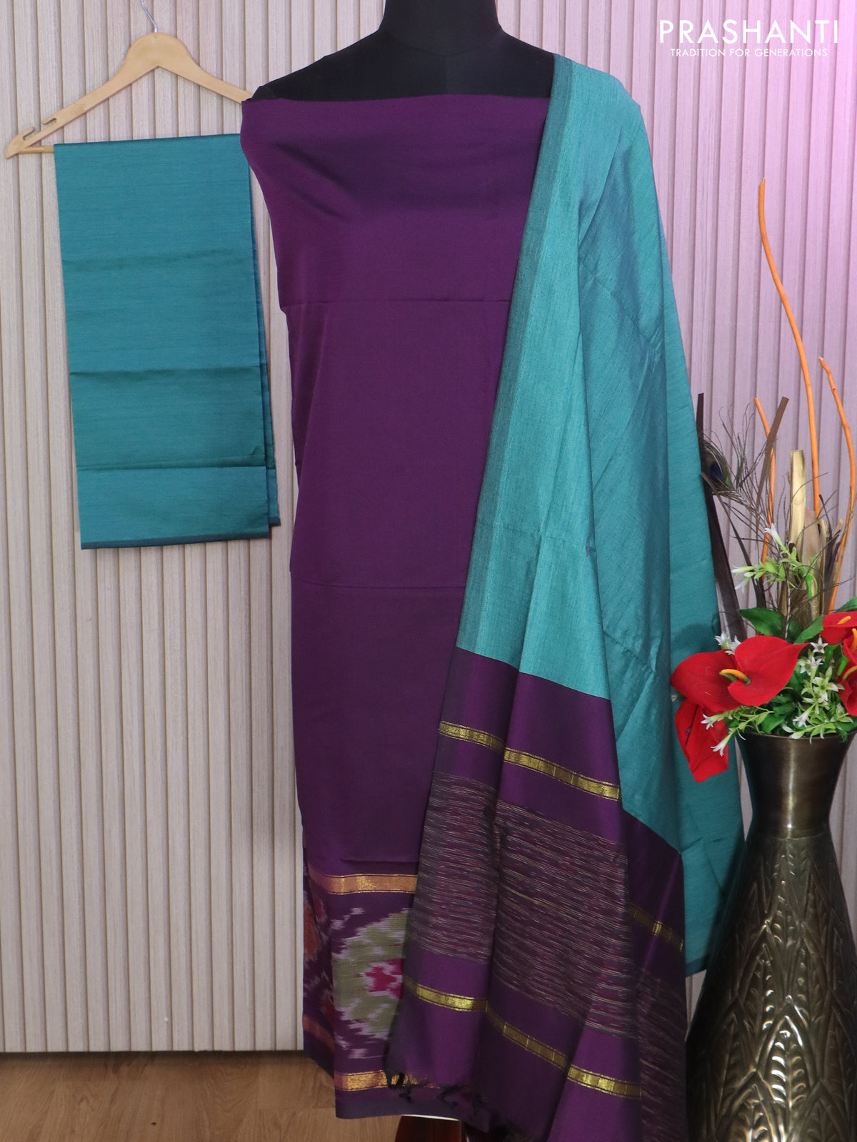 Ikat dress material deep purple and teal blue with allover ikat weaves and bottom, dupatta