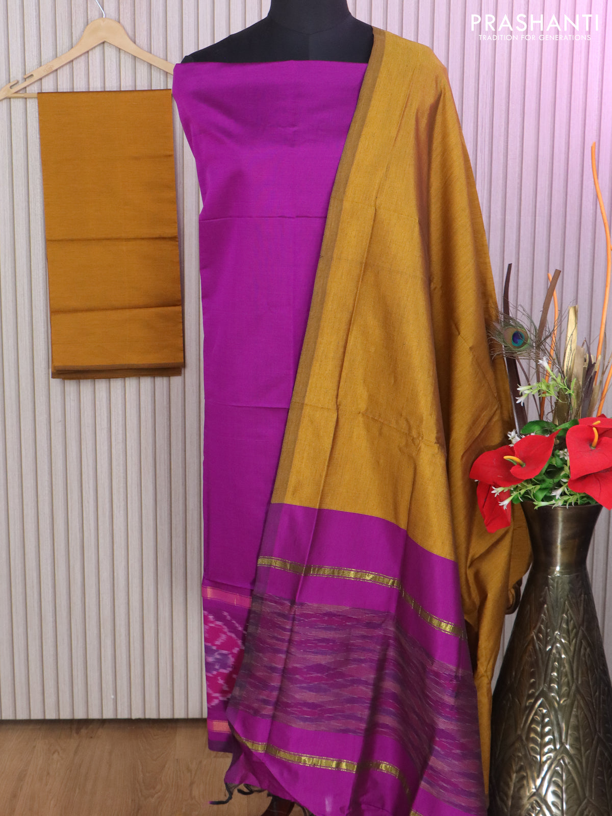 Ikat dress material purple and mustard yellow with allover ikat weaves and bottom, dupatta