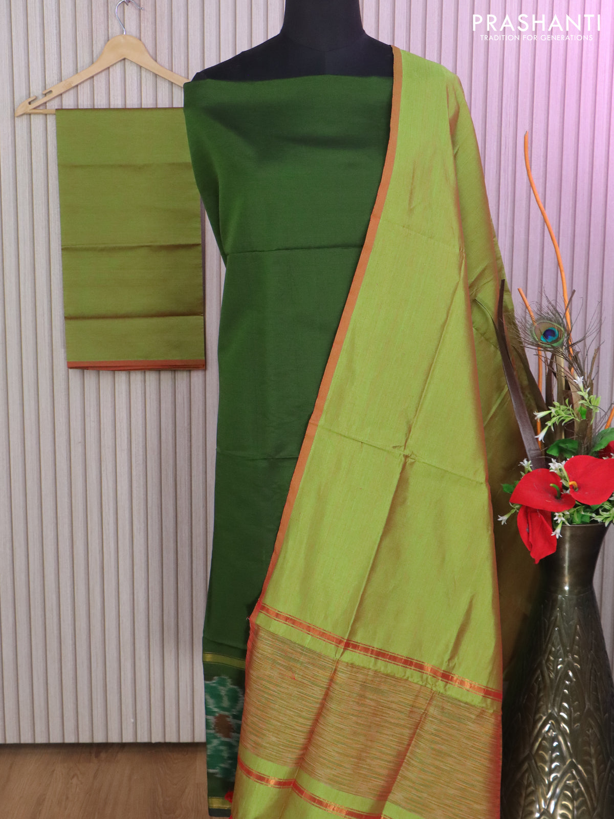 Ikat dress material dual shade of light green with allover ikat weaves and bottom, dupatta