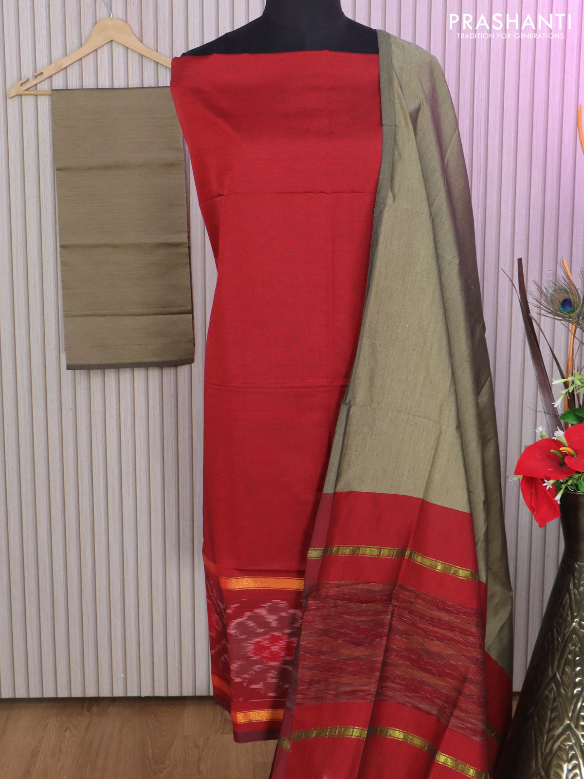 Ikat dress material maroon and elaichi green with allover ikat weaves and bottom, dupatta