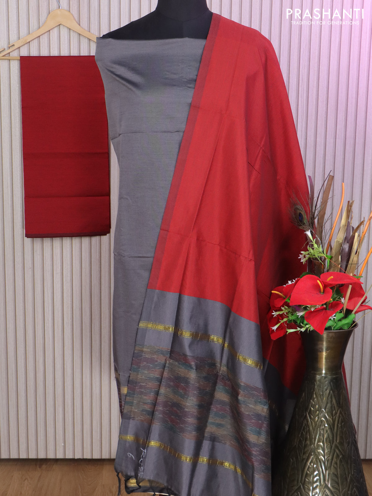 Ikat dress material grey and red with allover ikat weaves and bottom, dupatta