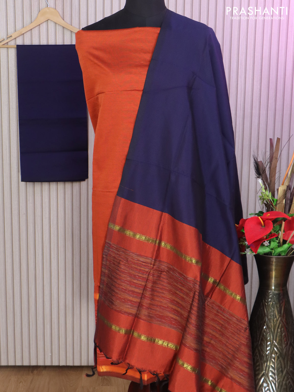 Ikat dress material orange and dark blue with allover ikat weaves and bottom, dupatta