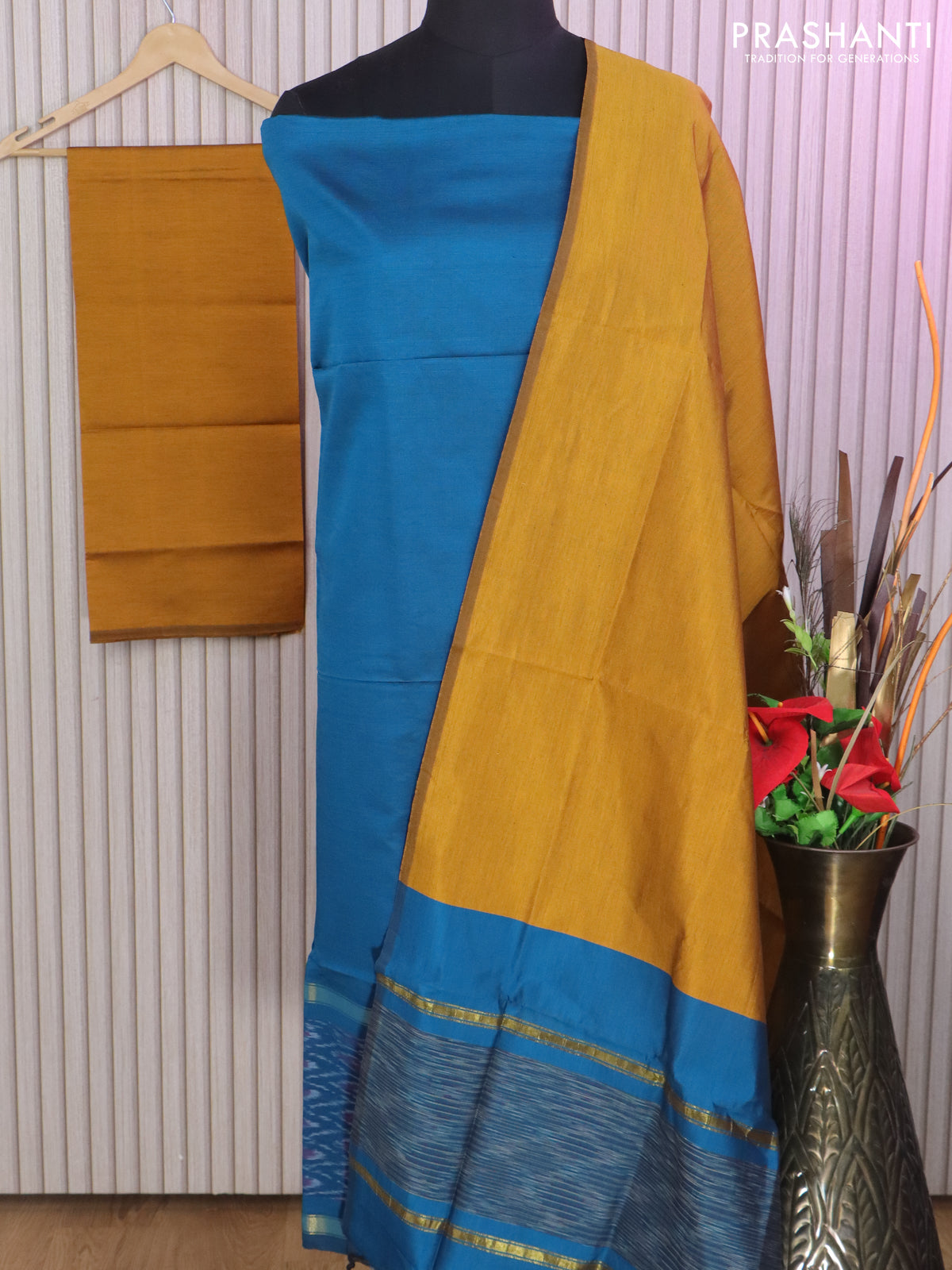 Ikat dress material peacock blue and mustard yellow with allover ikat weaves and bottom, dupatta