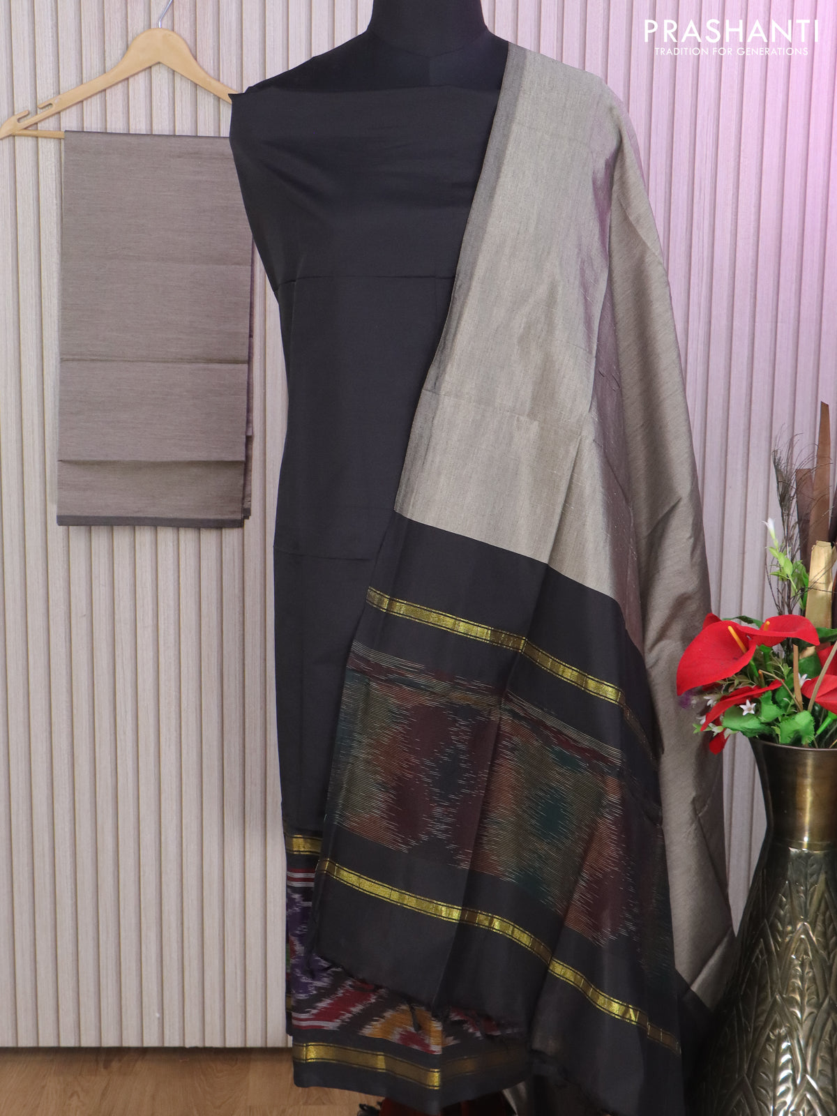 Ikat dress material black and grey with allover ikat weaves and bottom, dupatta