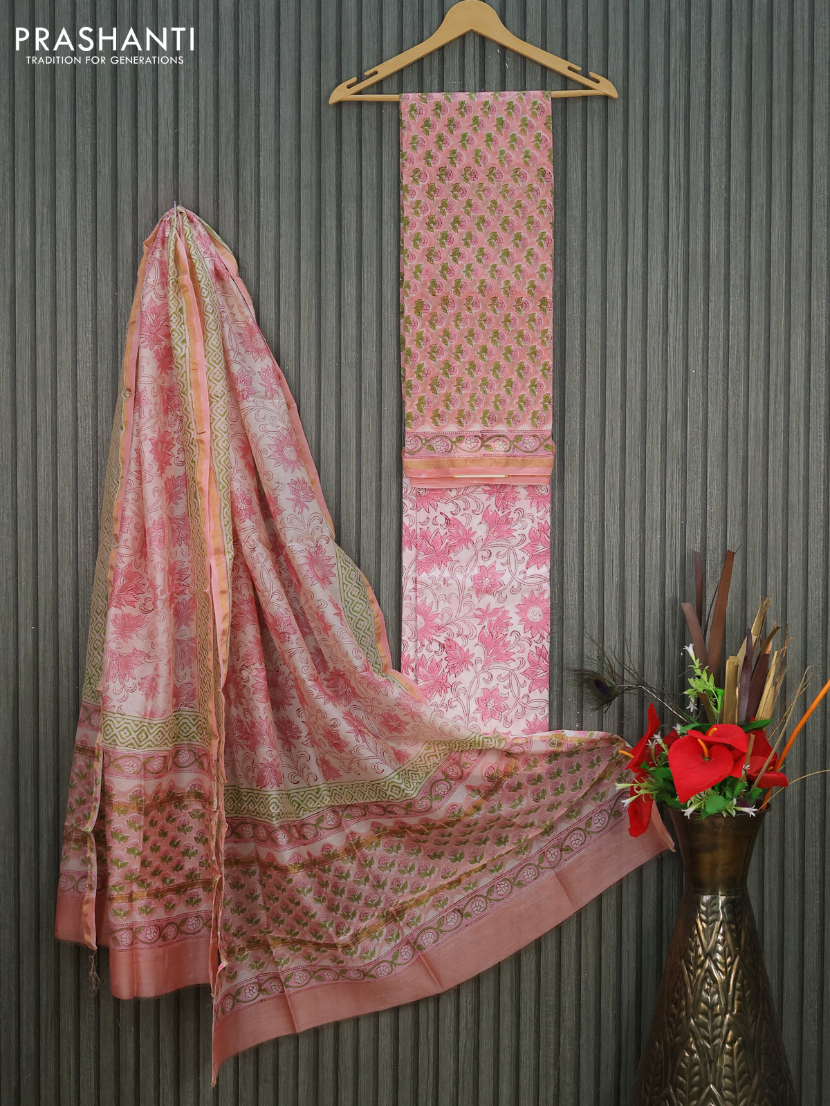 Pure chanderi dress material baby pink and off white with allover floral butta prints and small zari woven border