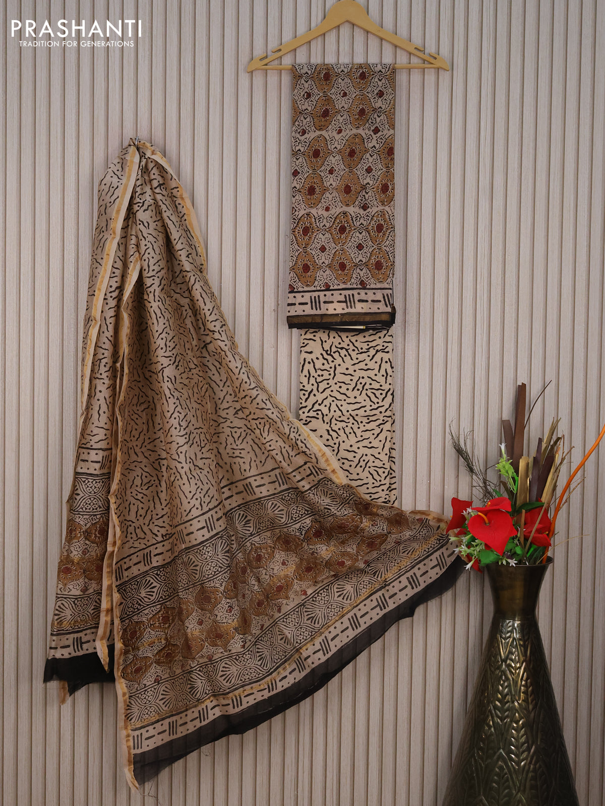 Pure chanderi dress material beige and dark sandal black with allover prints and small zari woven border