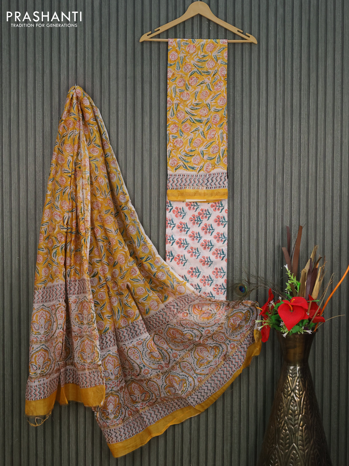 Pure chanderi dress material yellow and off white with allover prints and small zari woven border