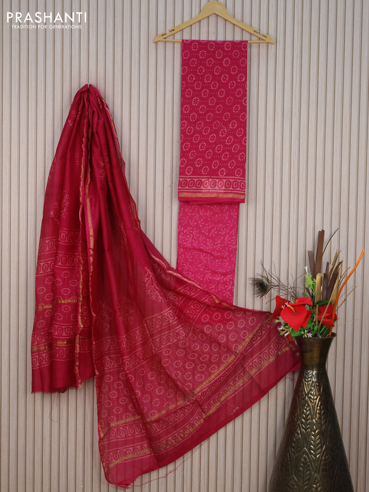 Pure chanderi dress material pink with allover butta prints and small zari woven border