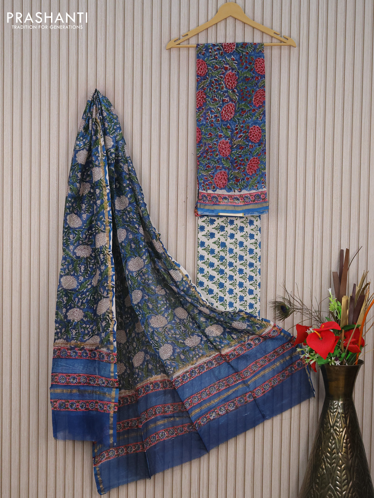 Pure chanderi dress material cs blue and off white with allover kalamkari prints and small zari woven border