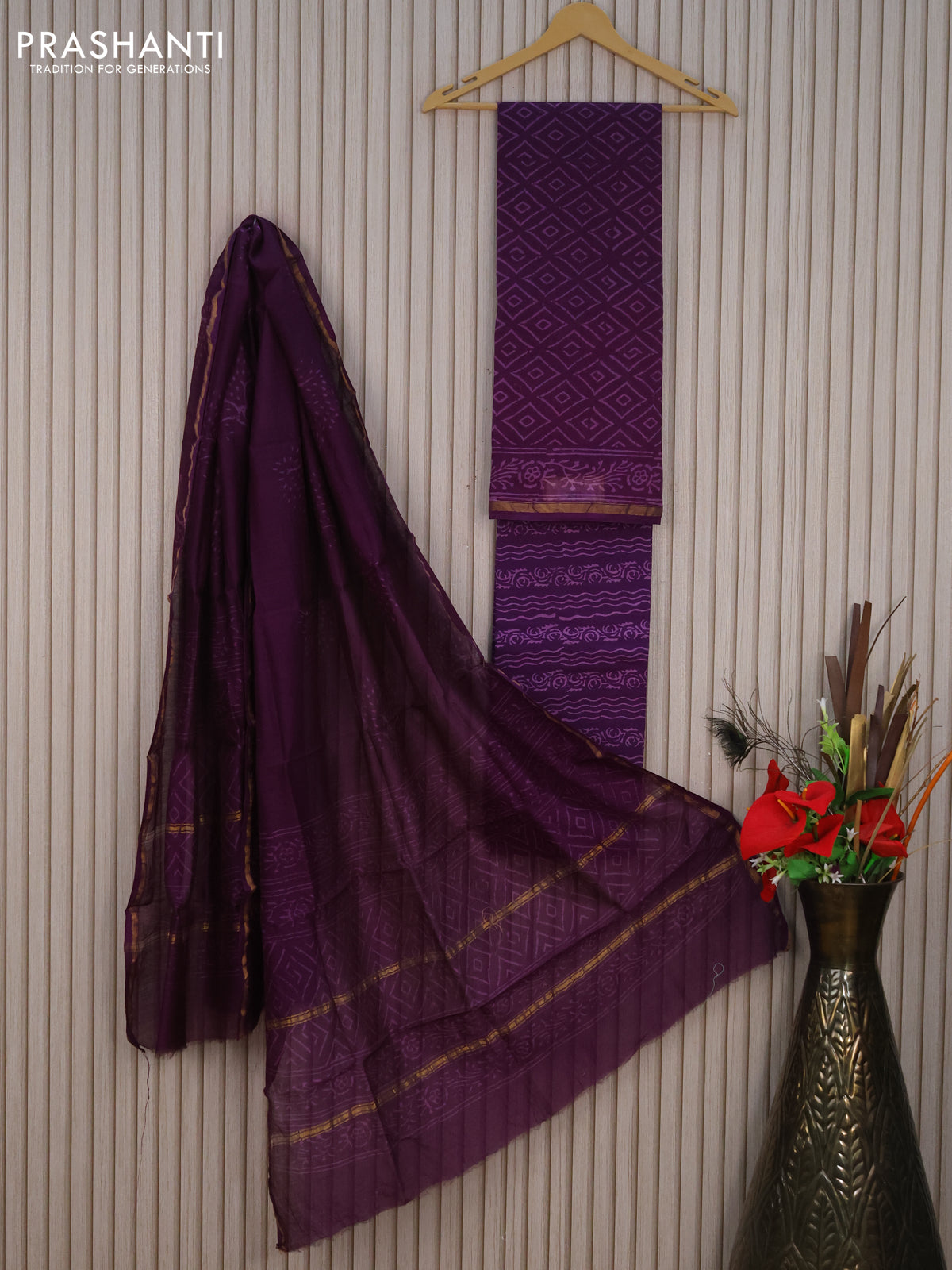 Pure chanderi dress material purple and violet with allover prints and small zari woven border