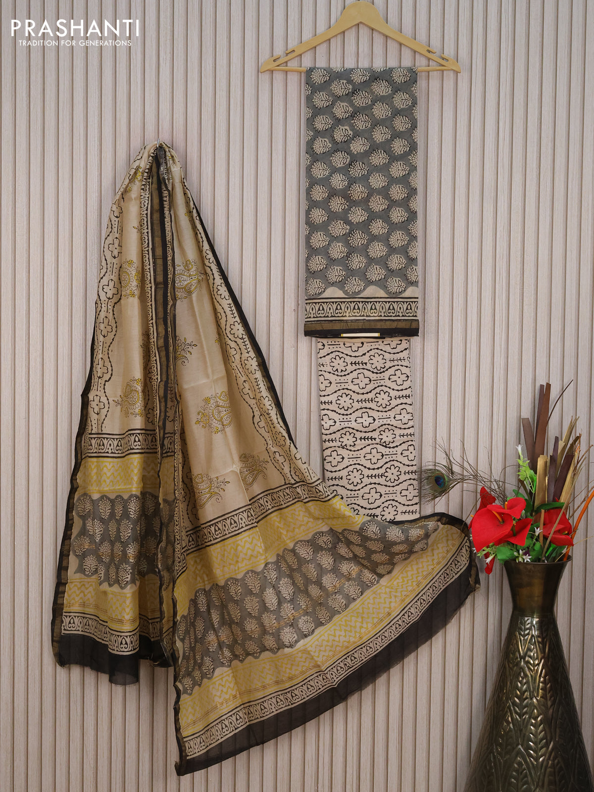 Pure chanderi dress material grey and beige black with allover butta prints and small zari woven border