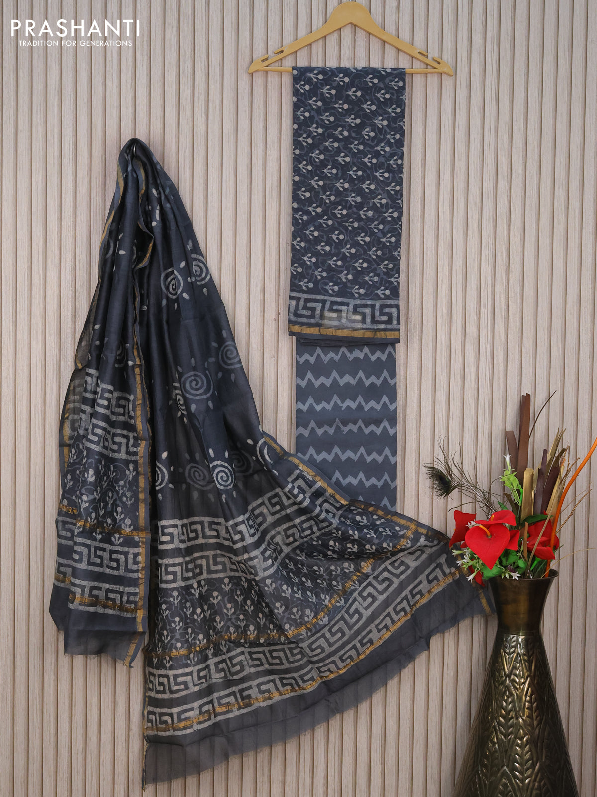 Pure chanderi dress material dark grey with allover butta prints and small zari woven border