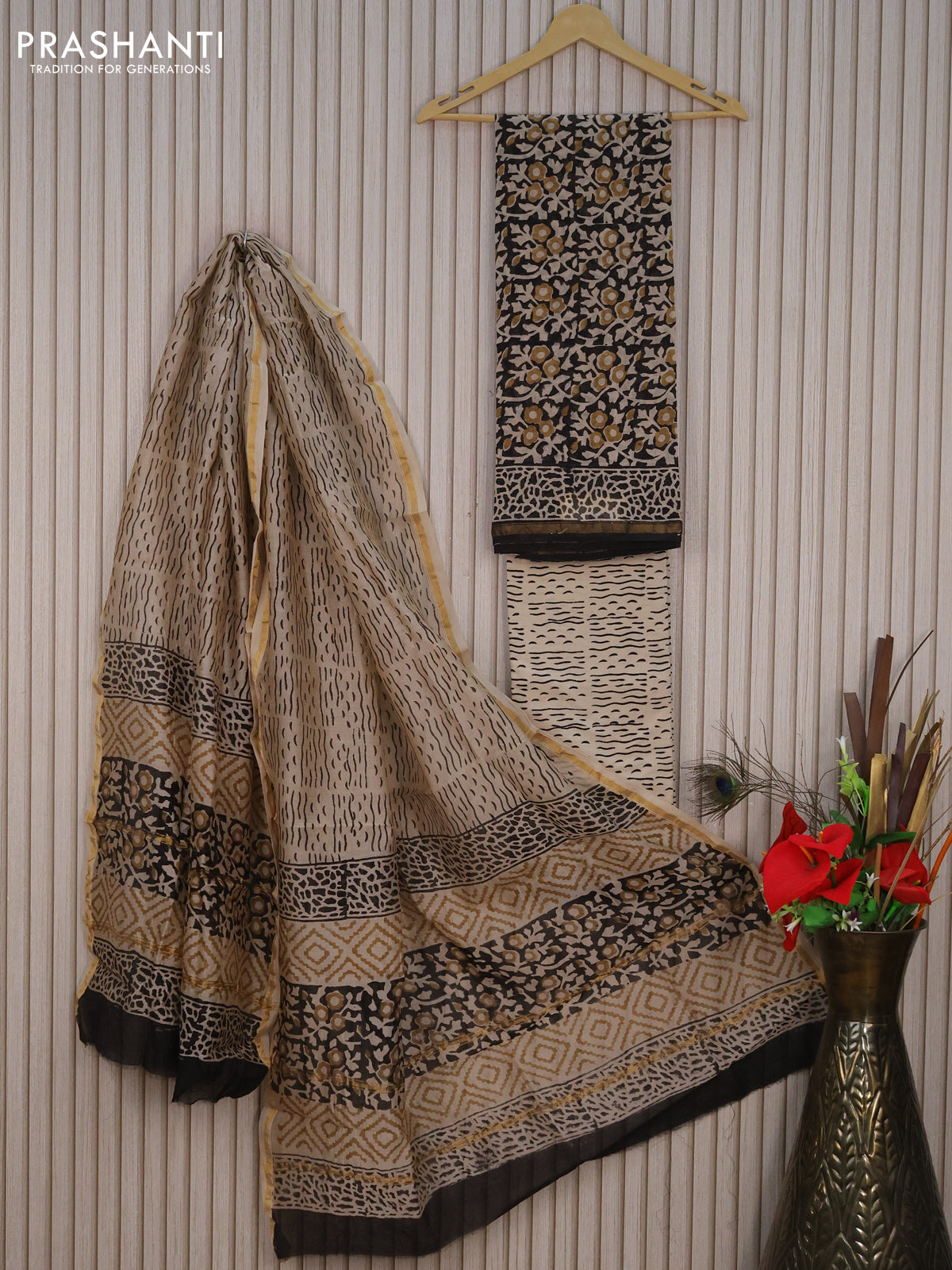 Pure chanderi dress material black and beige with allover prints and small zari woven border