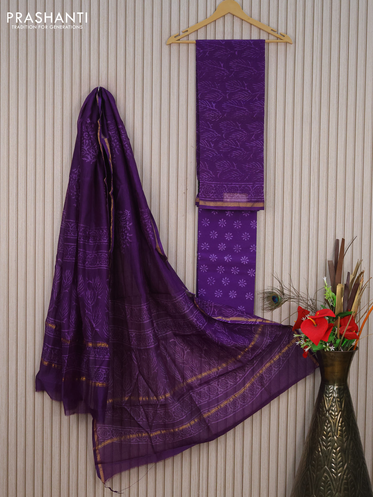 Pure chanderi dress material violet with allover prints and small zari woven border