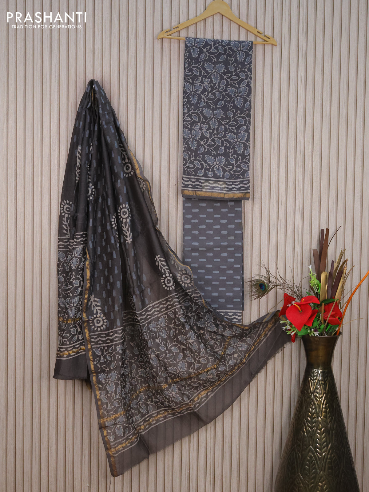 Pure chanderi dress material grey with allover prints and small zari woven border