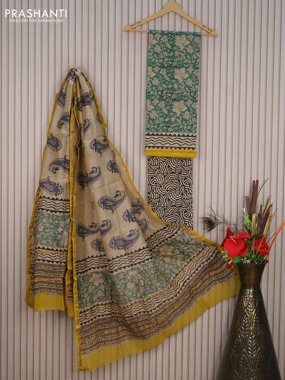 Pure chanderi dress material green and beige with allover floral prints and small zari woven border