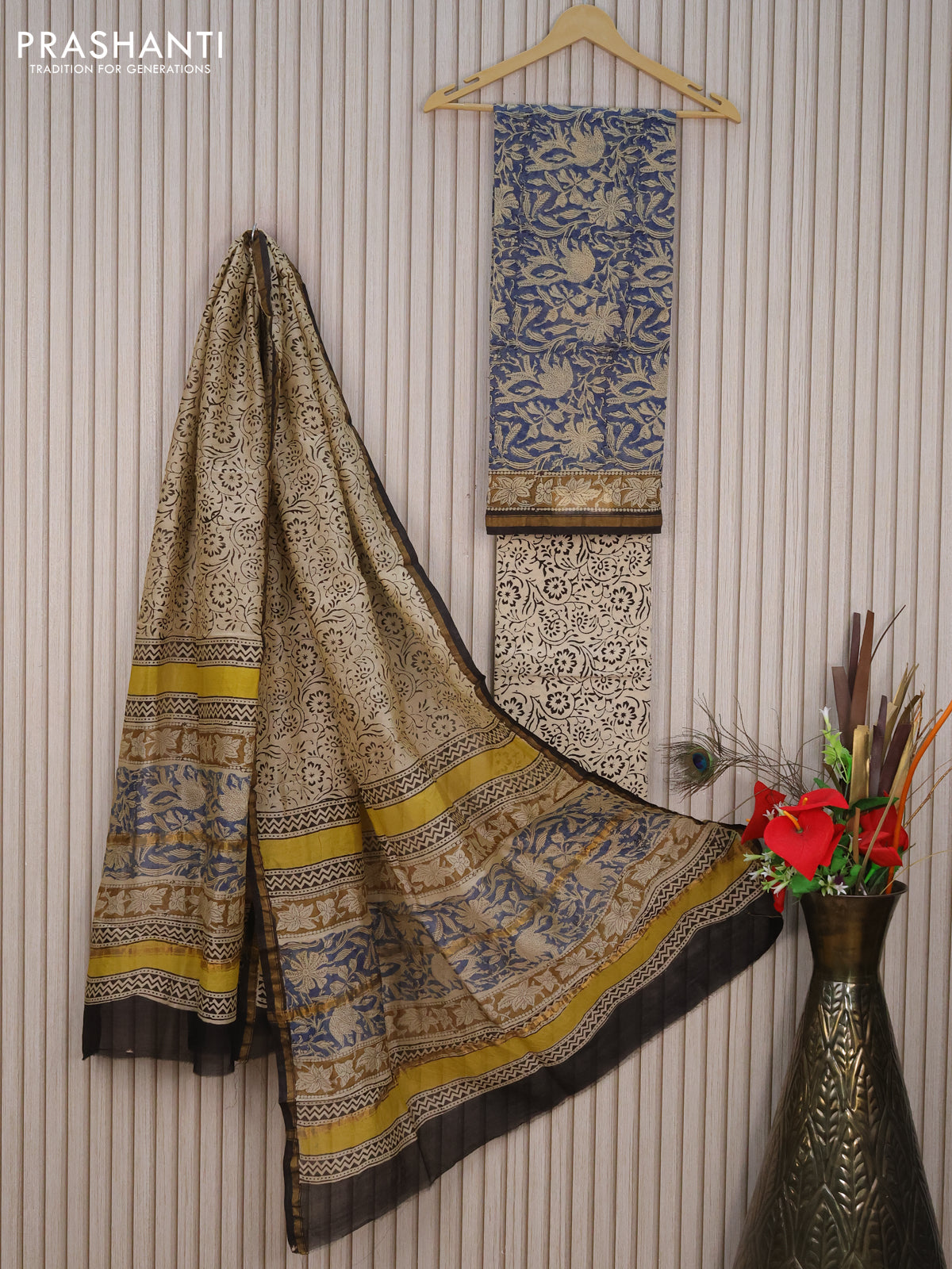 Pure chanderi dress material blue and beige with allover kalamkari prints and small zari woven border