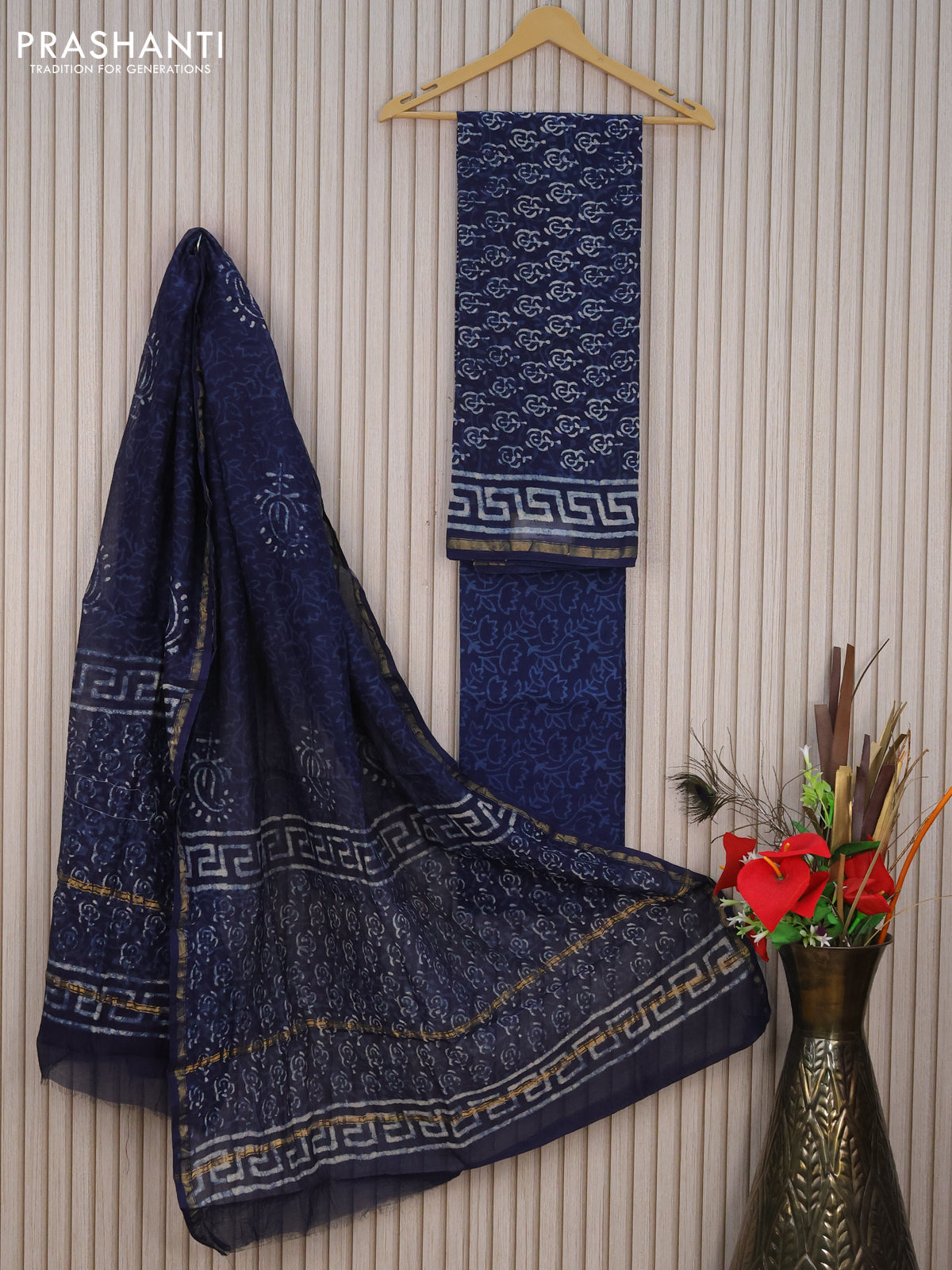 Pure chanderi dress material navy blue with allover butta prints and small zari woven border