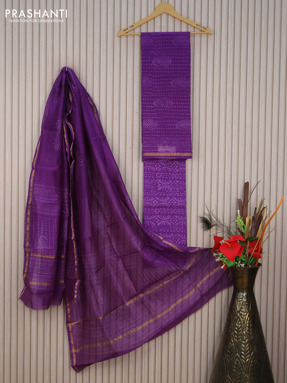 Pure chanderi dress material violet with allover prints and small zari woven border