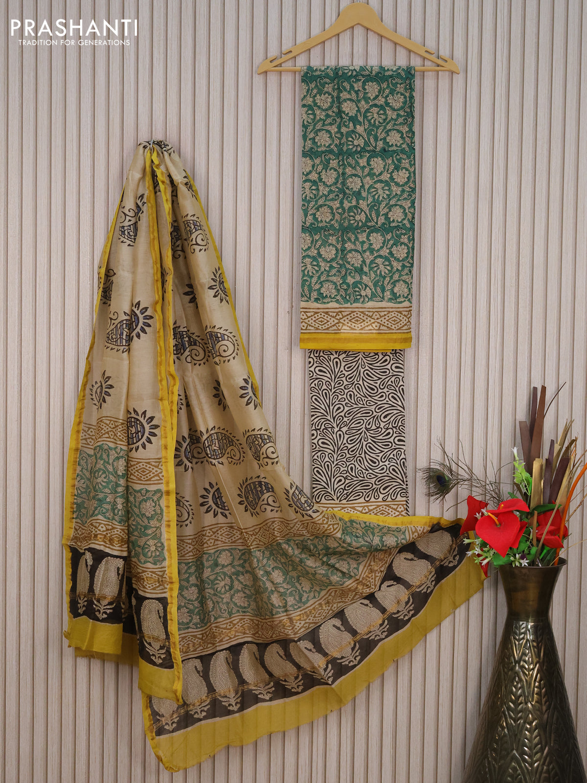 Pure chanderi dress material green and beige with allover floral prints and small zari woven border