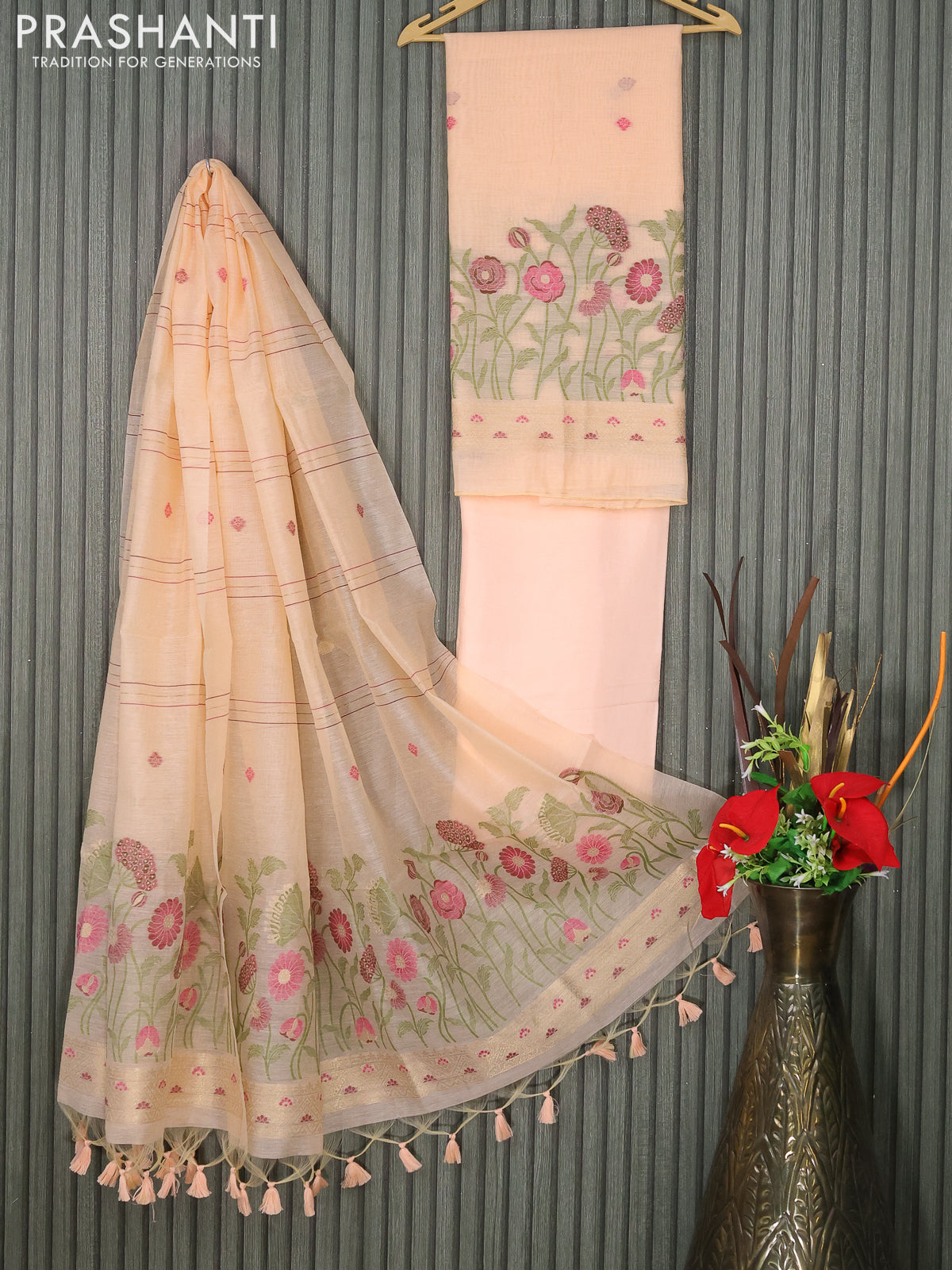 Munga cotton dress material peach shade with thread & zari woven buttas and bottom & thread woven dupatta