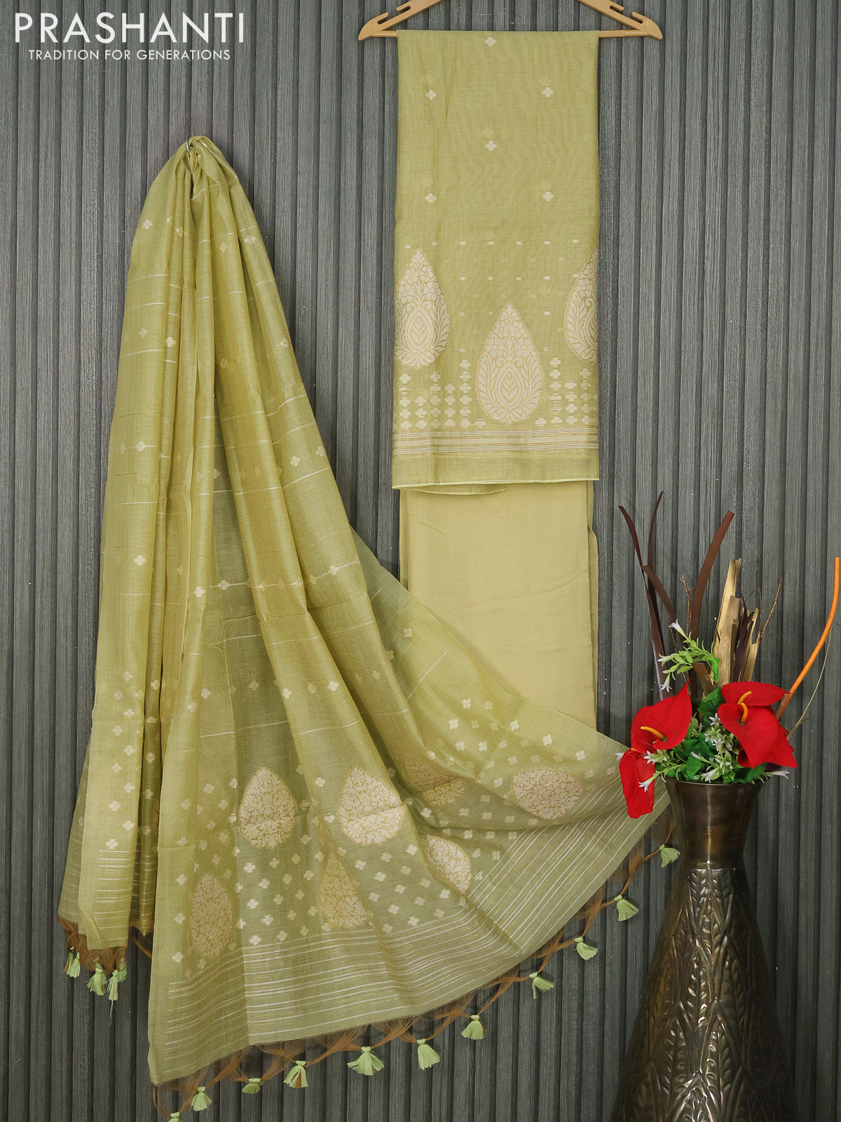 Munga cotton dress material pista green with thread & zari woven buttas and bottom & thread woven dupatta