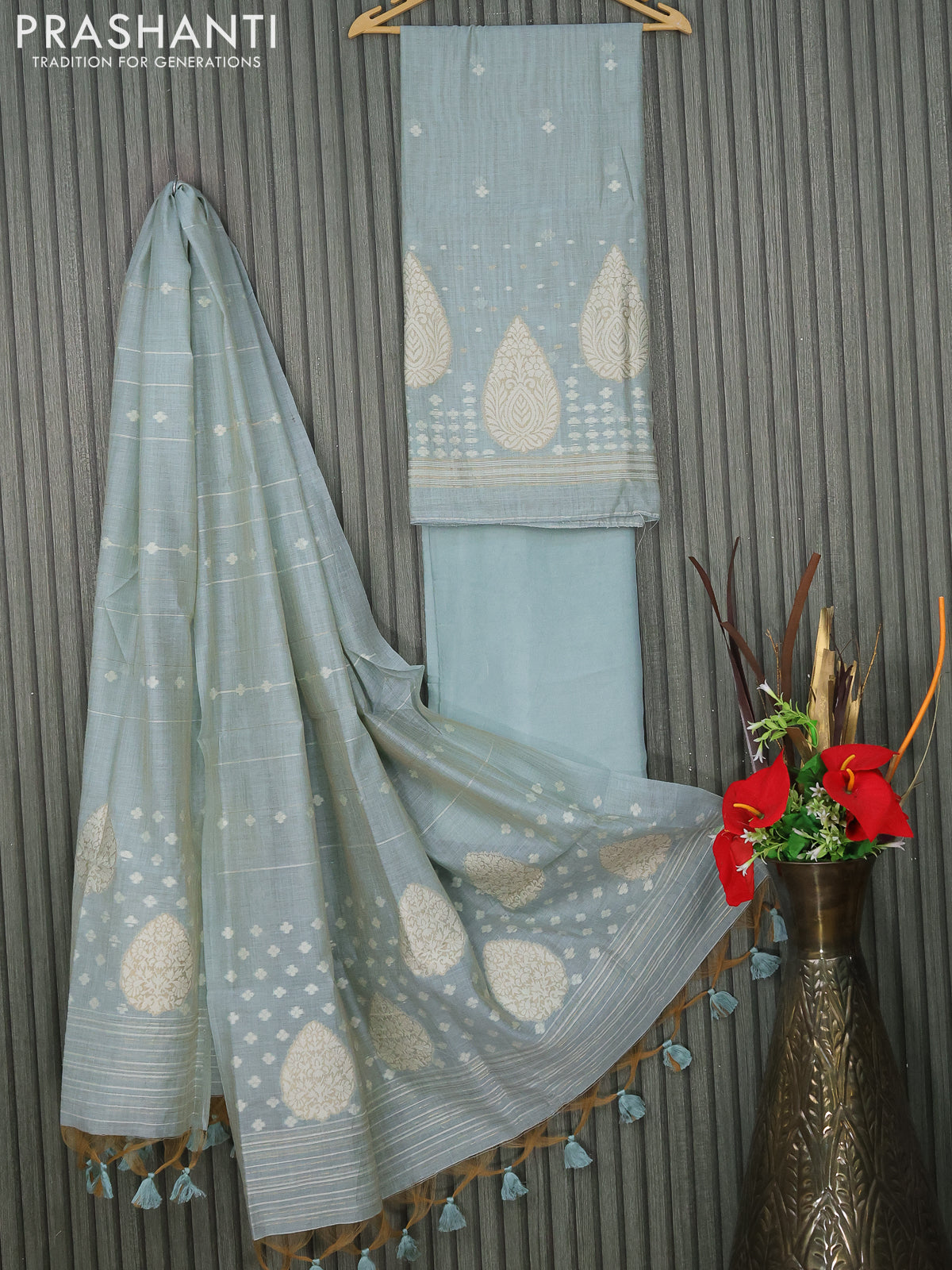 Munga cotton dress material pastel blue with thread & zari woven buttas and bottom & thread woven dupatta