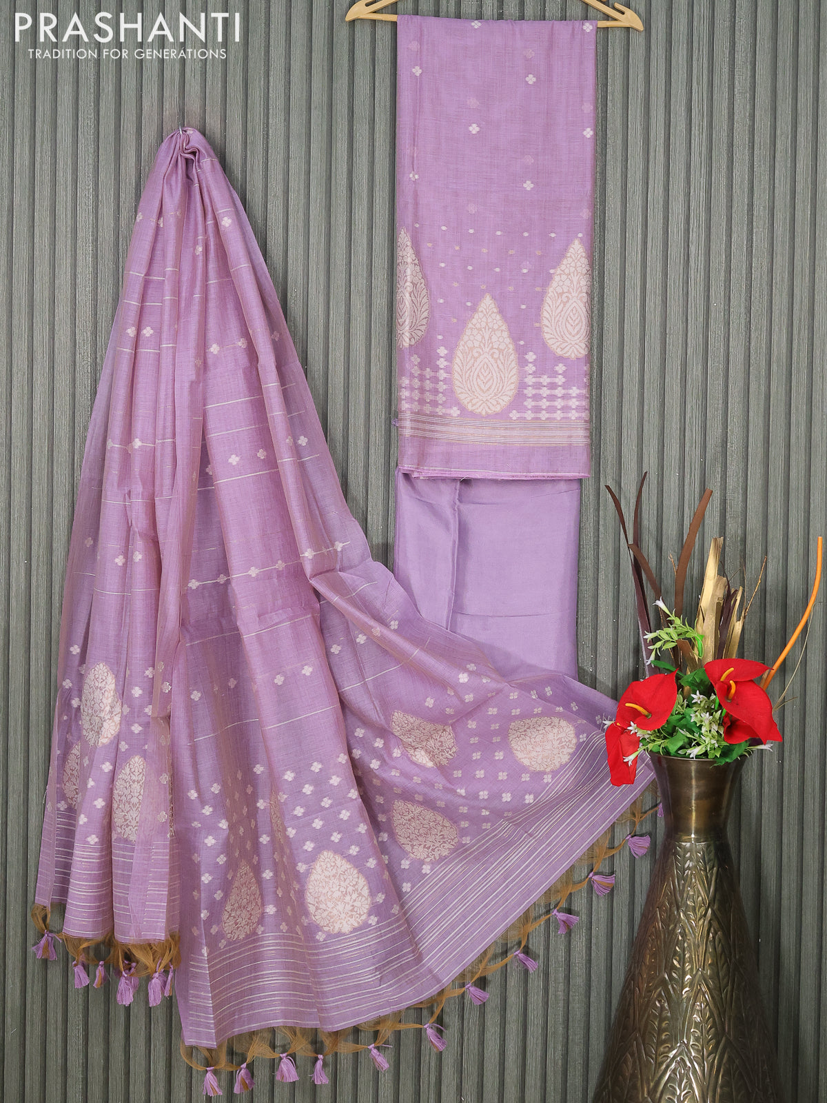 Munga cotton dress material lavender with thread & zari woven buttas and bottom & thread woven dupatta