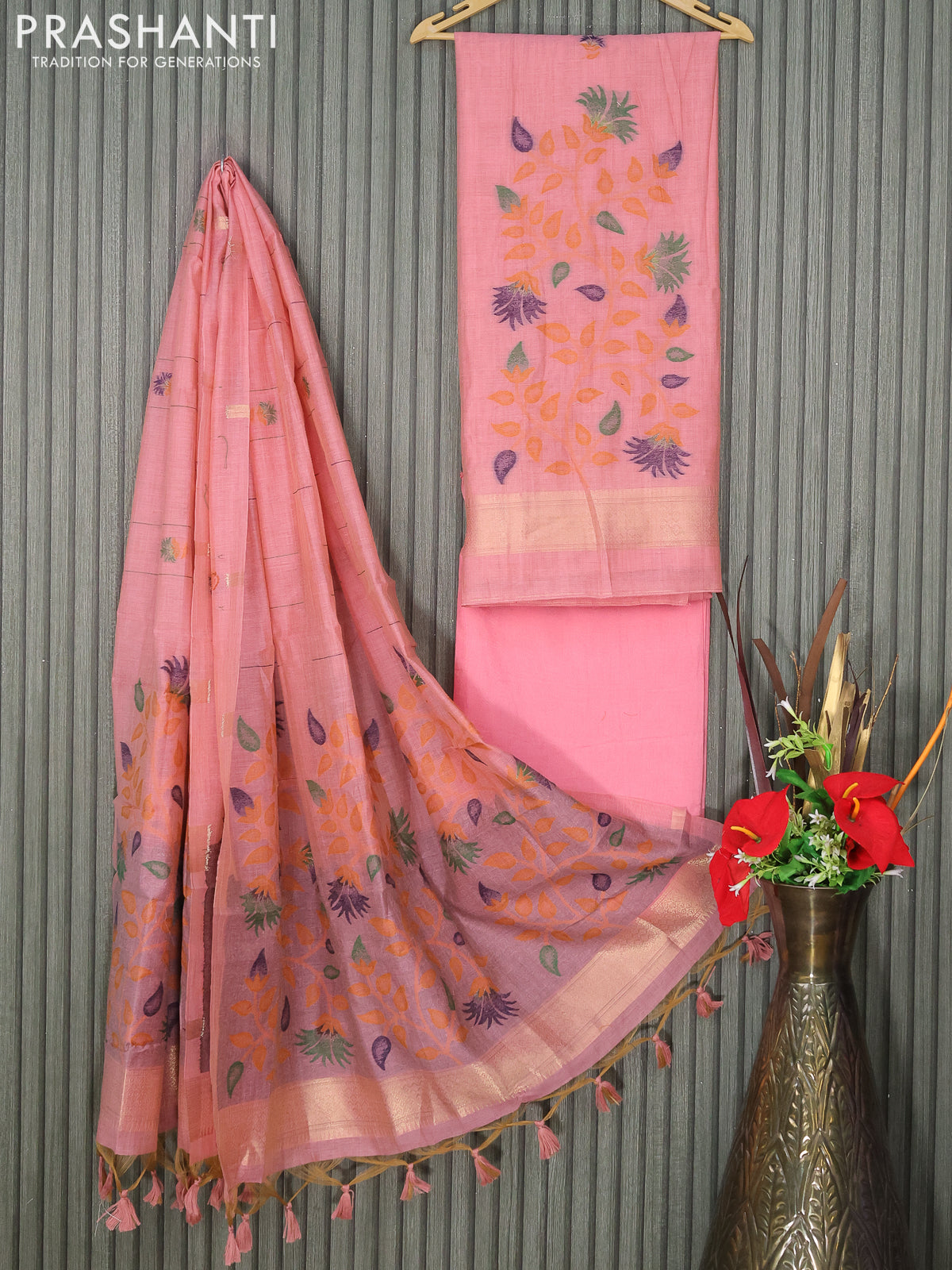 Munga cotton dress material peach pink with thread & zari woven buttas and bottom & thread woven dupatta