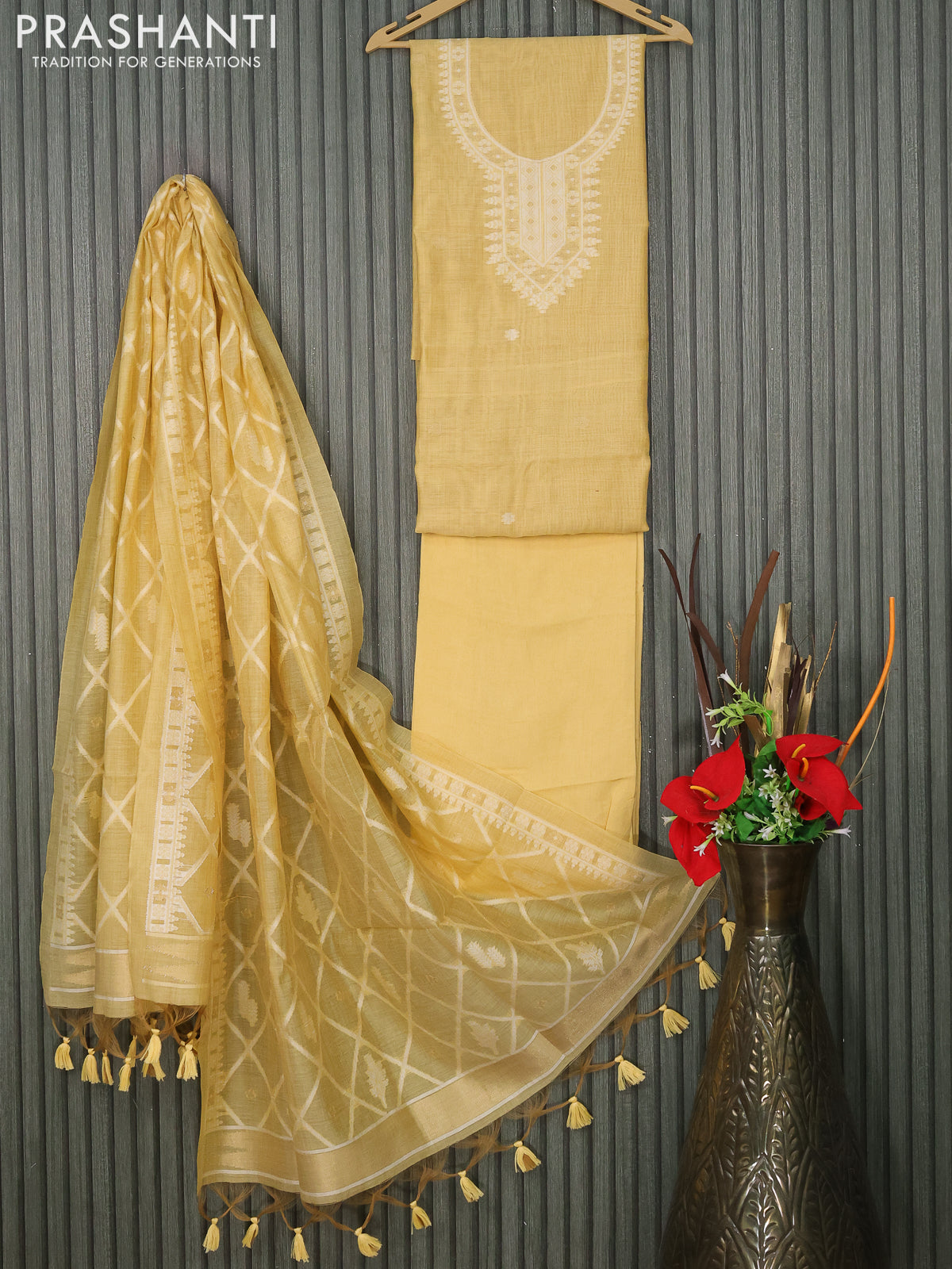 Munga cotton dress material pale yellow with thread & zari woven buttas and bottom & thread woven dupatta