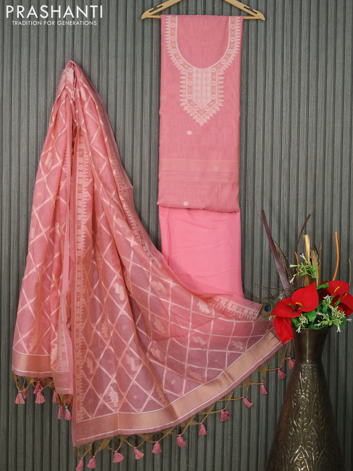 Munga cotton dress material peach pink with thread & zari woven buttas and bottom & thread woven dupatta