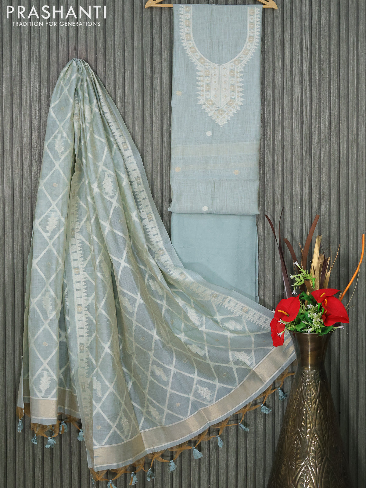 Munga cotton dress material pastel blue with thread & zari woven buttas and bottom & thread woven dupatta