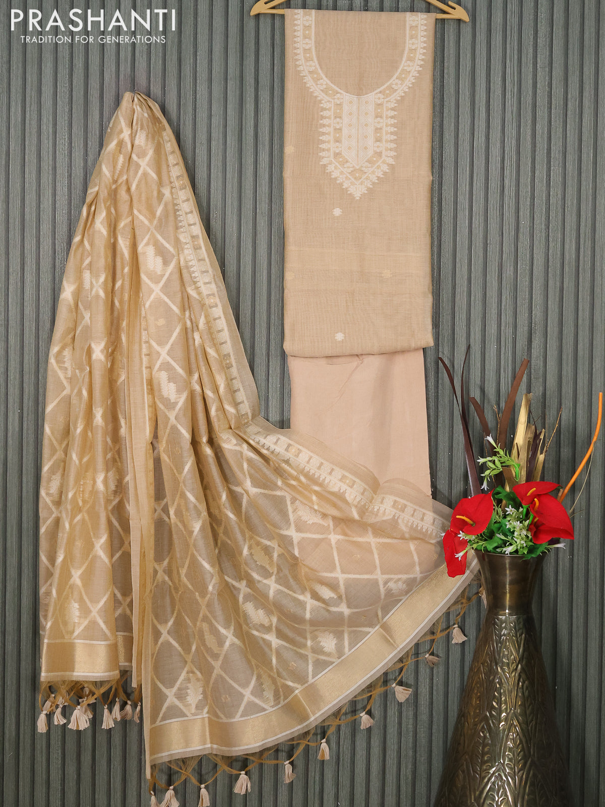 Munga cotton dress material sandal with thread & zari woven buttas and bottom & thread woven dupatta