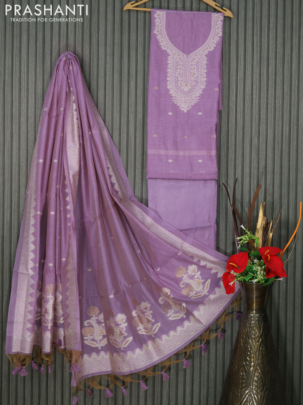 Munga cotton dress material pastel lavender with thread & zari woven buttas and bottom & thread woven dupatta