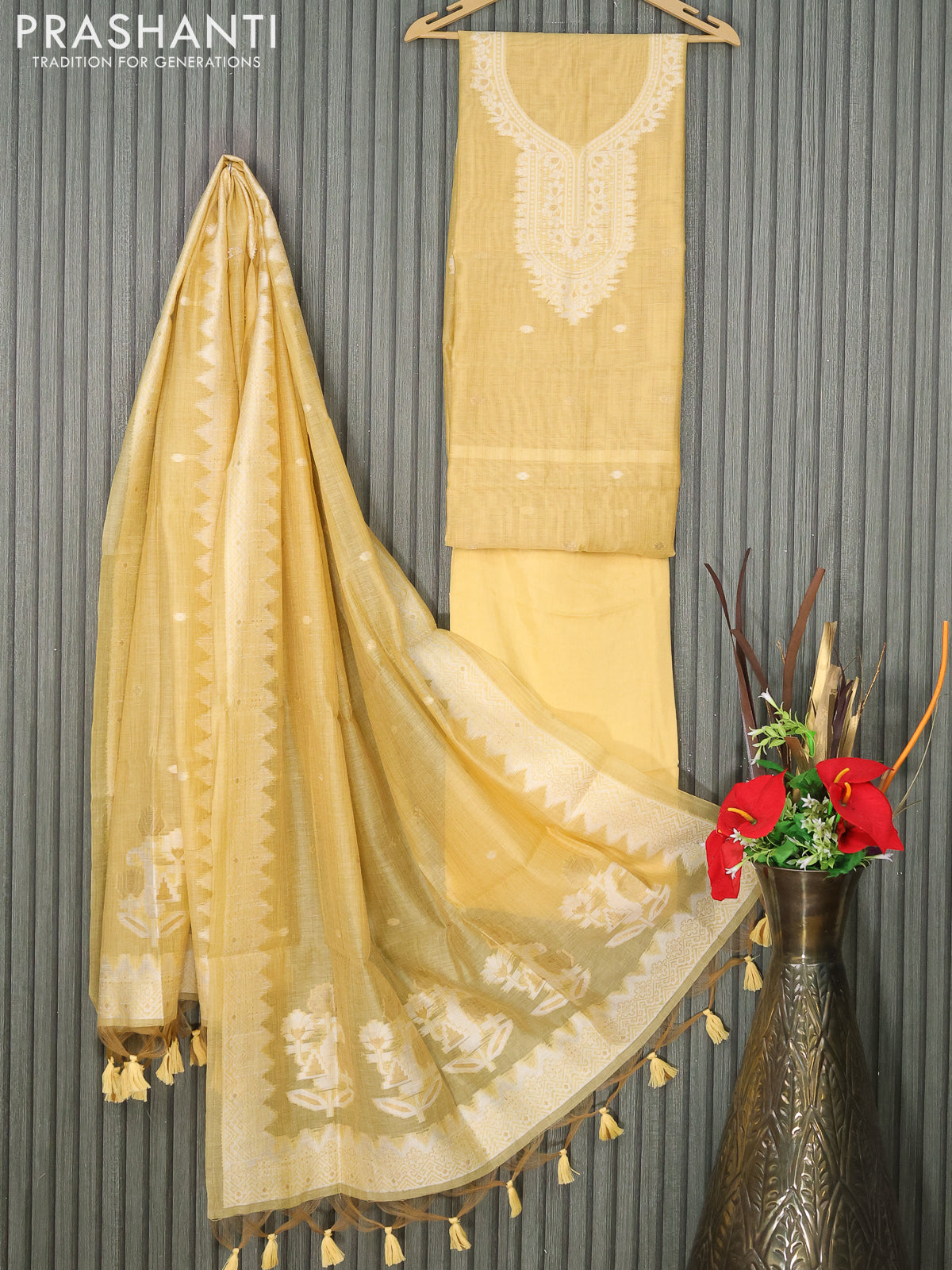 Munga cotton dress material pale yellow with thread & zari woven buttas and bottom & thread woven dupatta