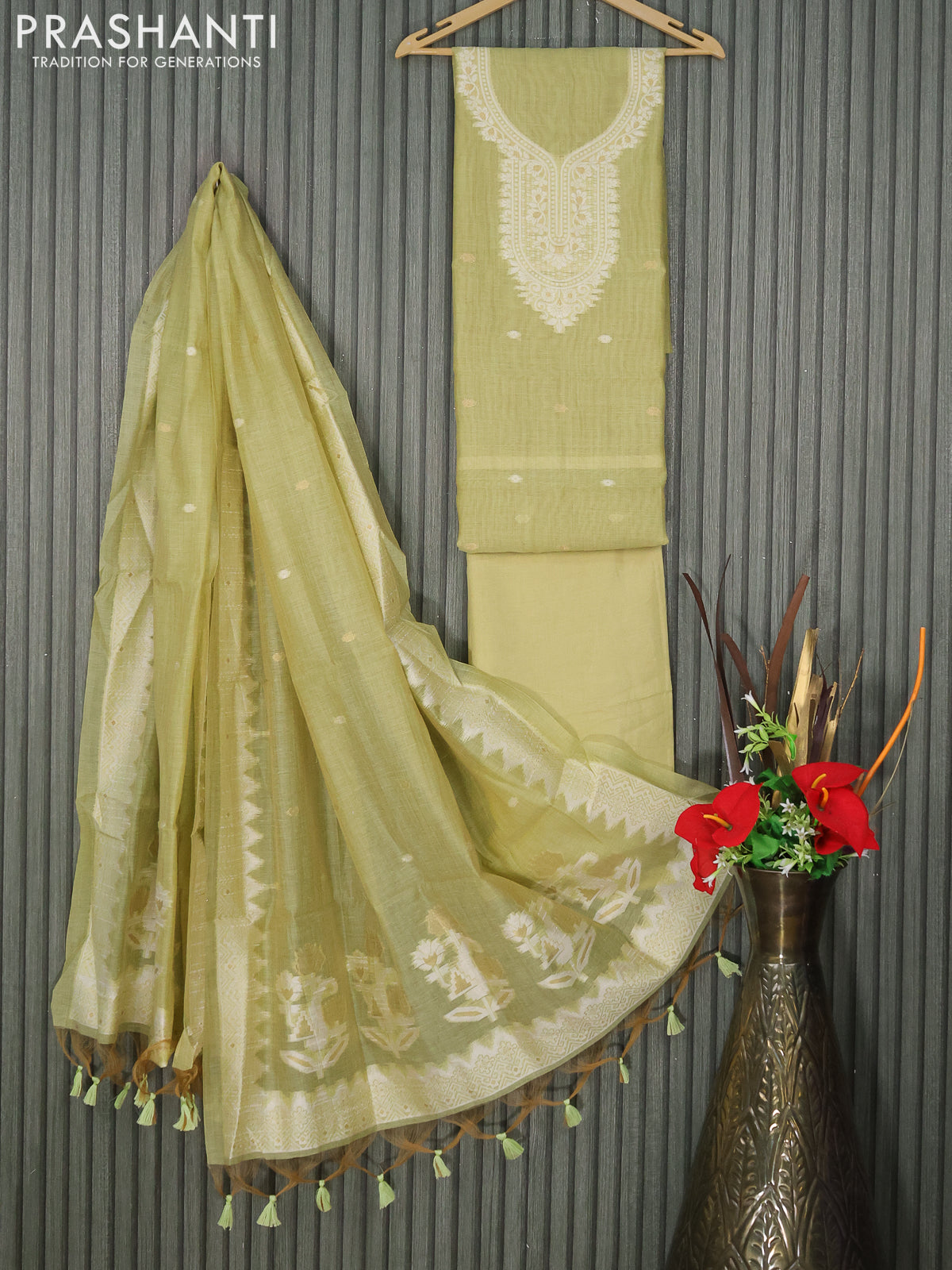 Munga cotton dress material pista green with thread & zari woven buttas and bottom & thread woven dupatta