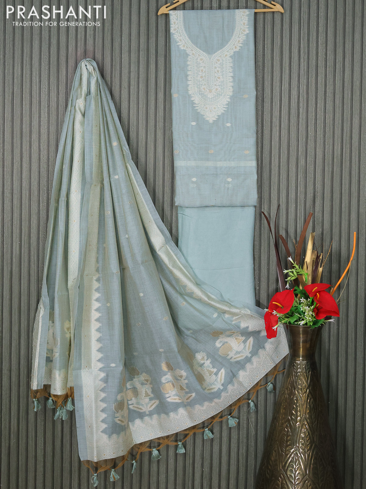 Munga cotton dress material pastel blue with thread & zari woven buttas and bottom & thread woven dupatta