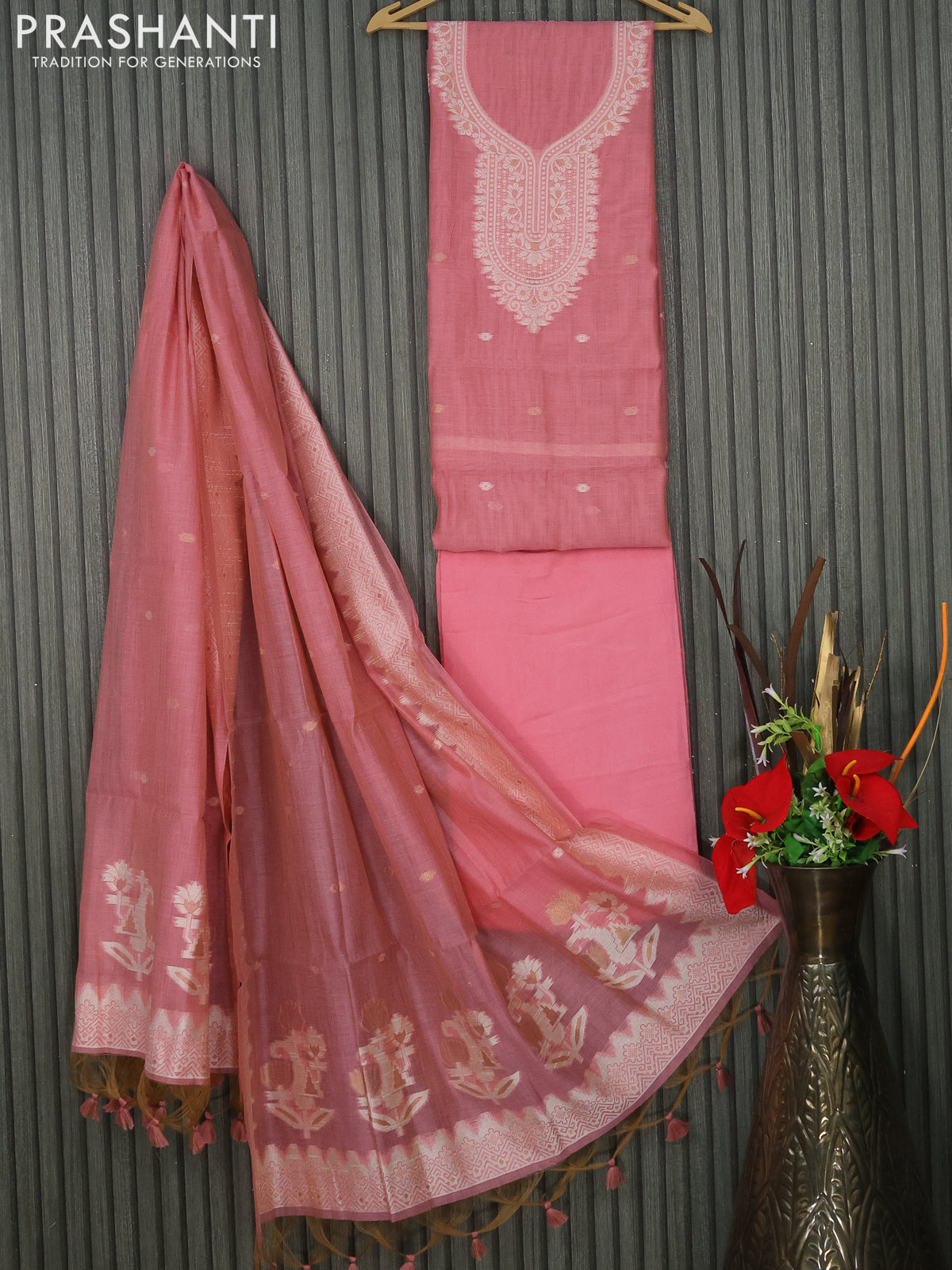 Munga cotton dress material peach pink with thread & zari woven buttas and bottom & thread woven dupatta