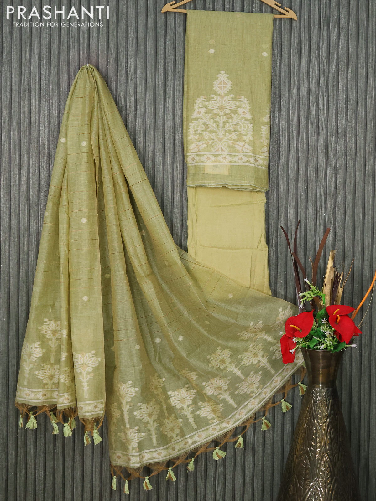 Munga cotton dress material pista green with thread & zari woven buttas and bottom & thread woven dupatta