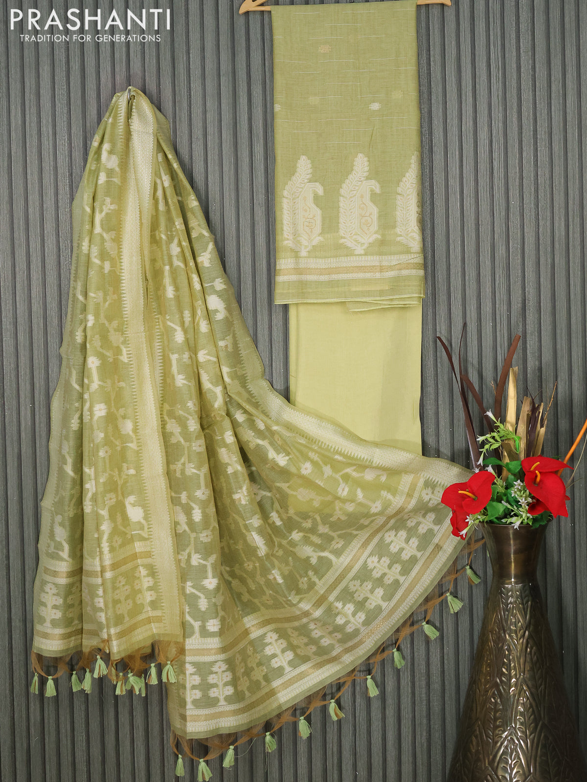 Munga cotton dress material pista green with thread & zari woven buttas and bottom & thread woven dupatta