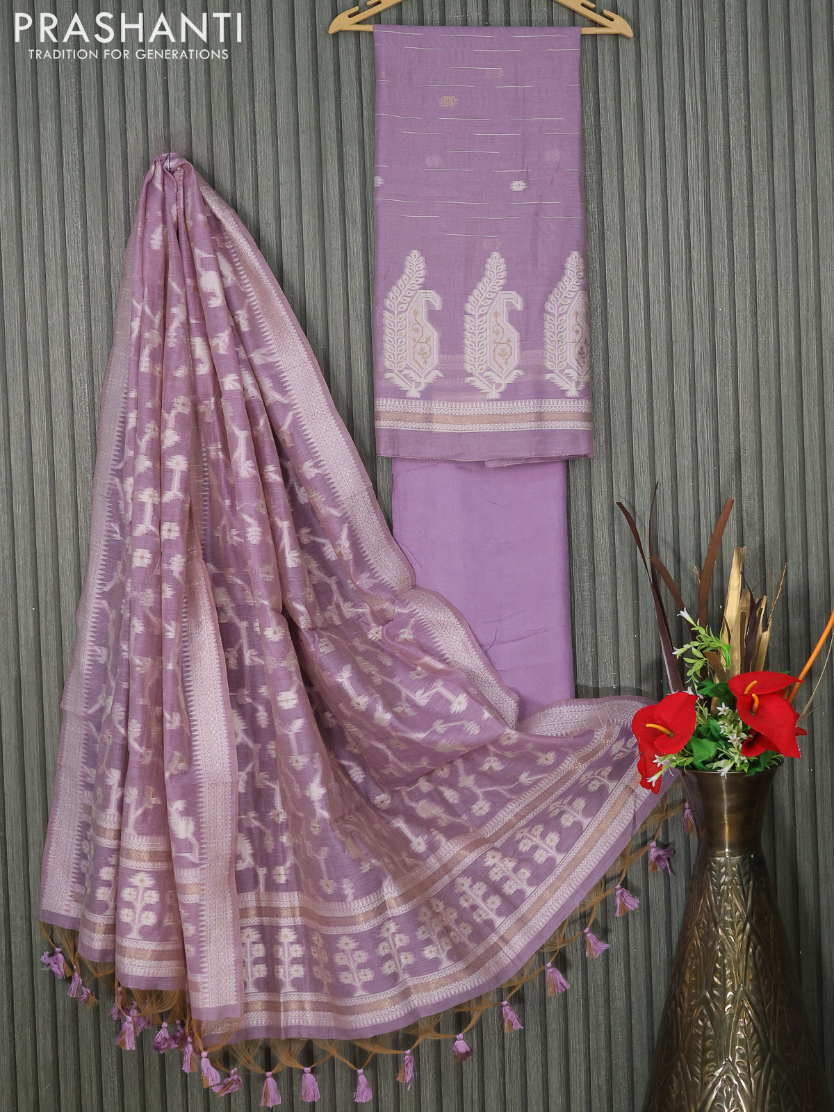 Munga cotton dress material pastel lavender with thread & zari woven buttas and bottom & thread woven dupatta