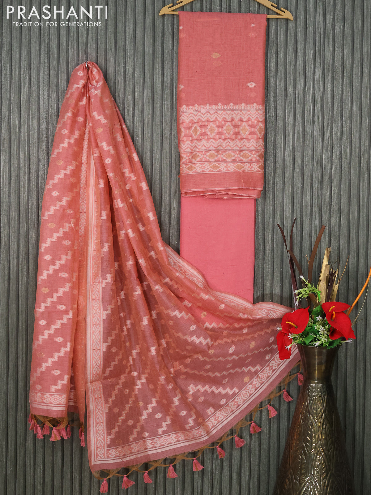 Munga cotton dress material peach pink with thread & zari woven buttas and bottom & thread woven dupatta