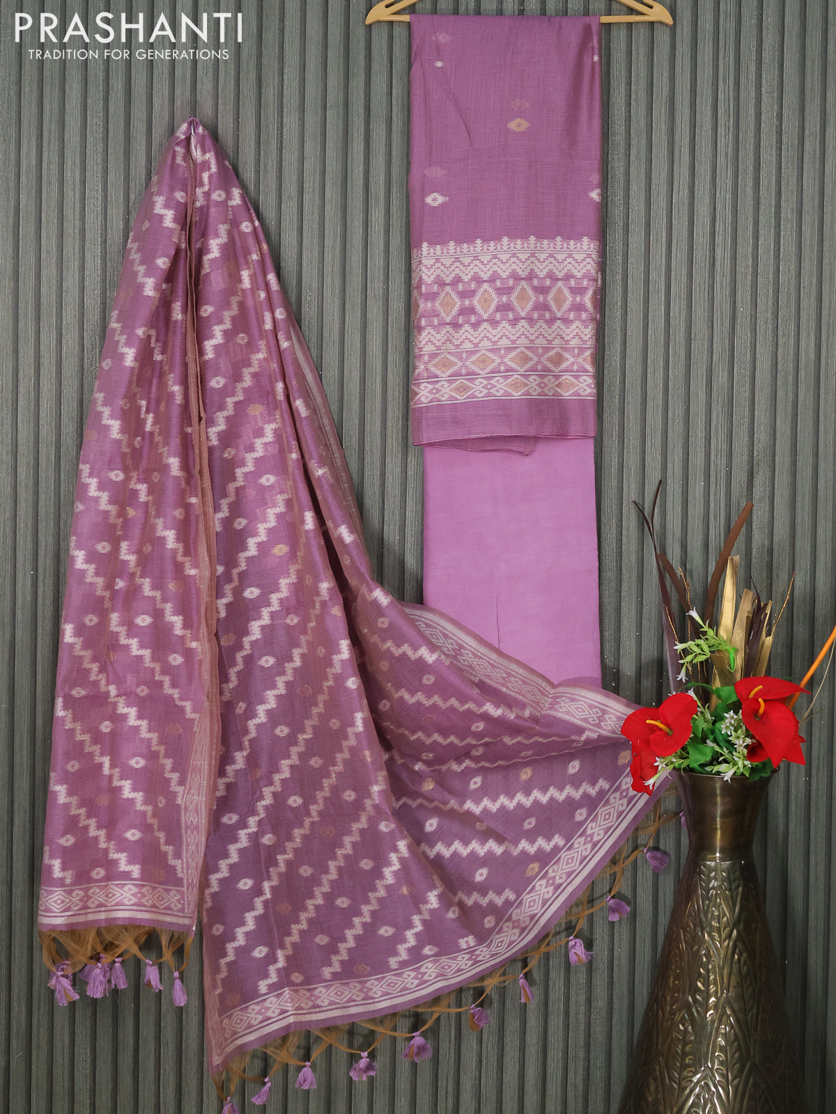 Munga cotton dress material lavender with thread & zari woven buttas and bottom & thread woven dupatta