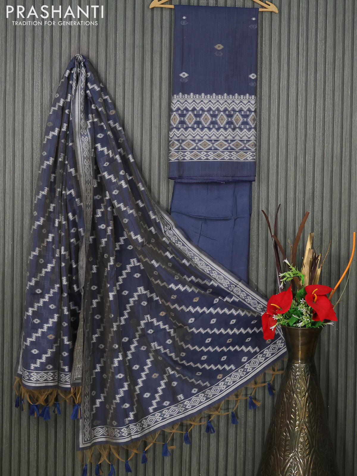 Munga cotton dress material dual shade of peacock blue with thread & zari woven buttas and bottom & thread woven dupatta