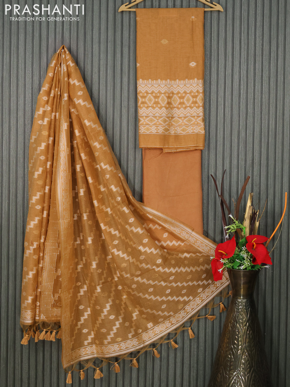 Munga cotton dress material mustard shade with thread & zari woven buttas and bottom & thread woven dupatta