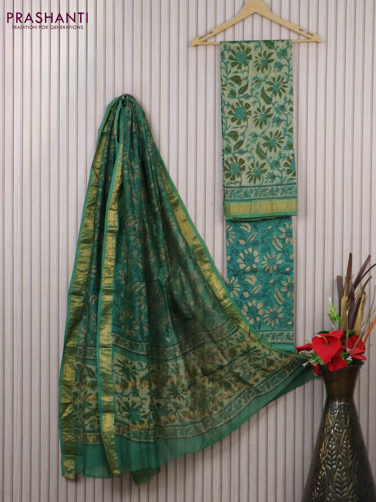 Chanderi dress material pastel green and teal green with allover kalamkari prints and maheshwari zari border