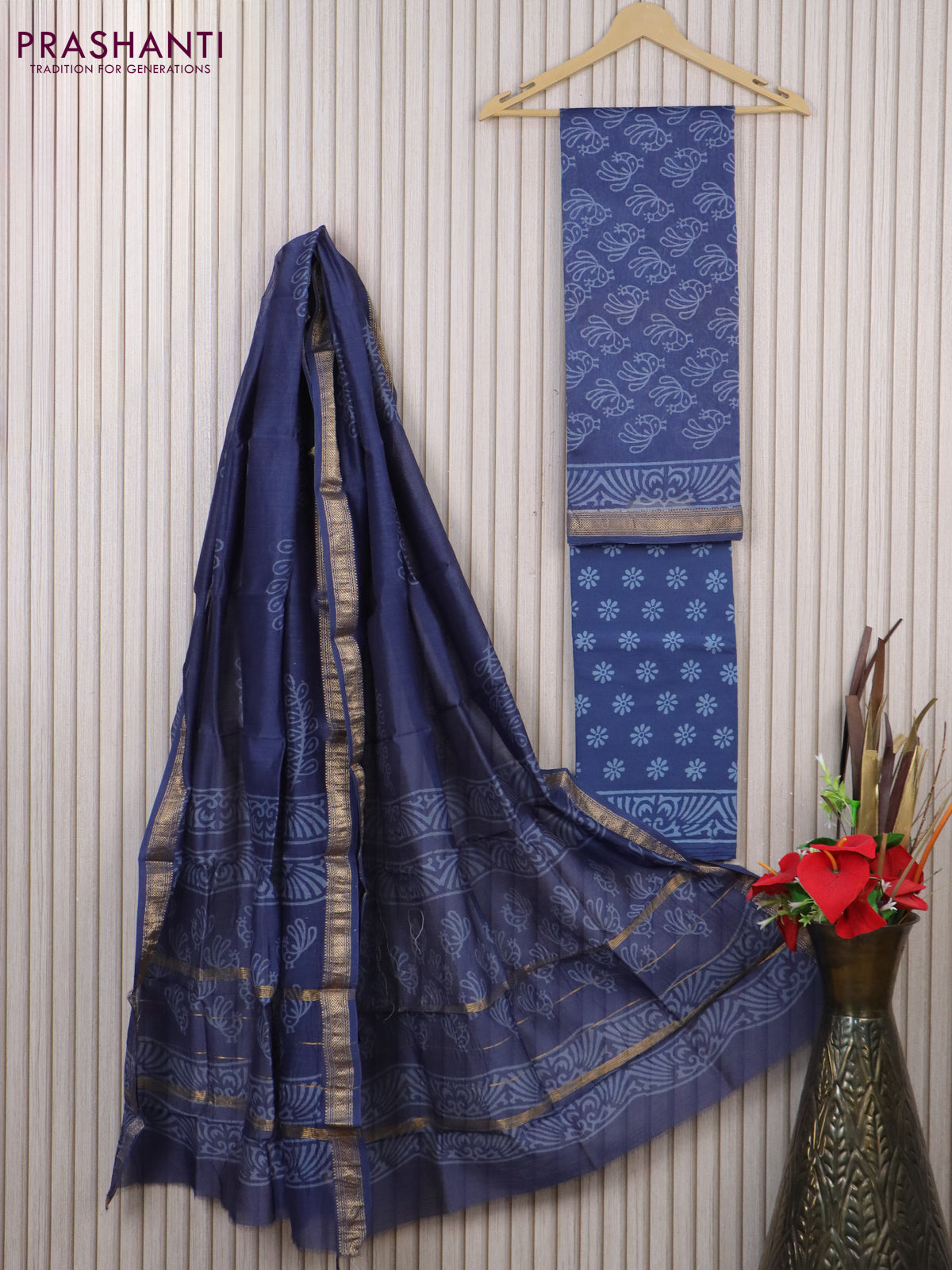 Chanderi dress material blue shade with allover annam butta weaves and maheshwari zari border