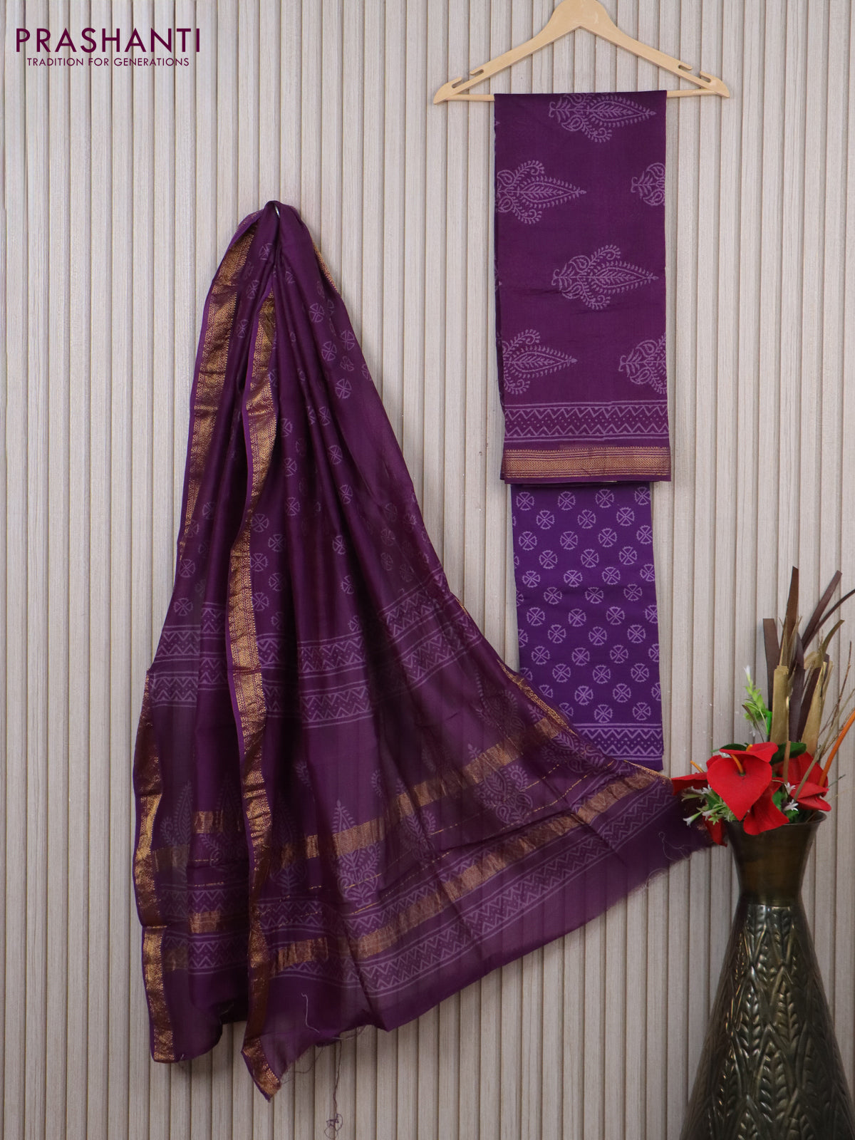 Chanderi dress material purple with butta prints and maheshwari zari border