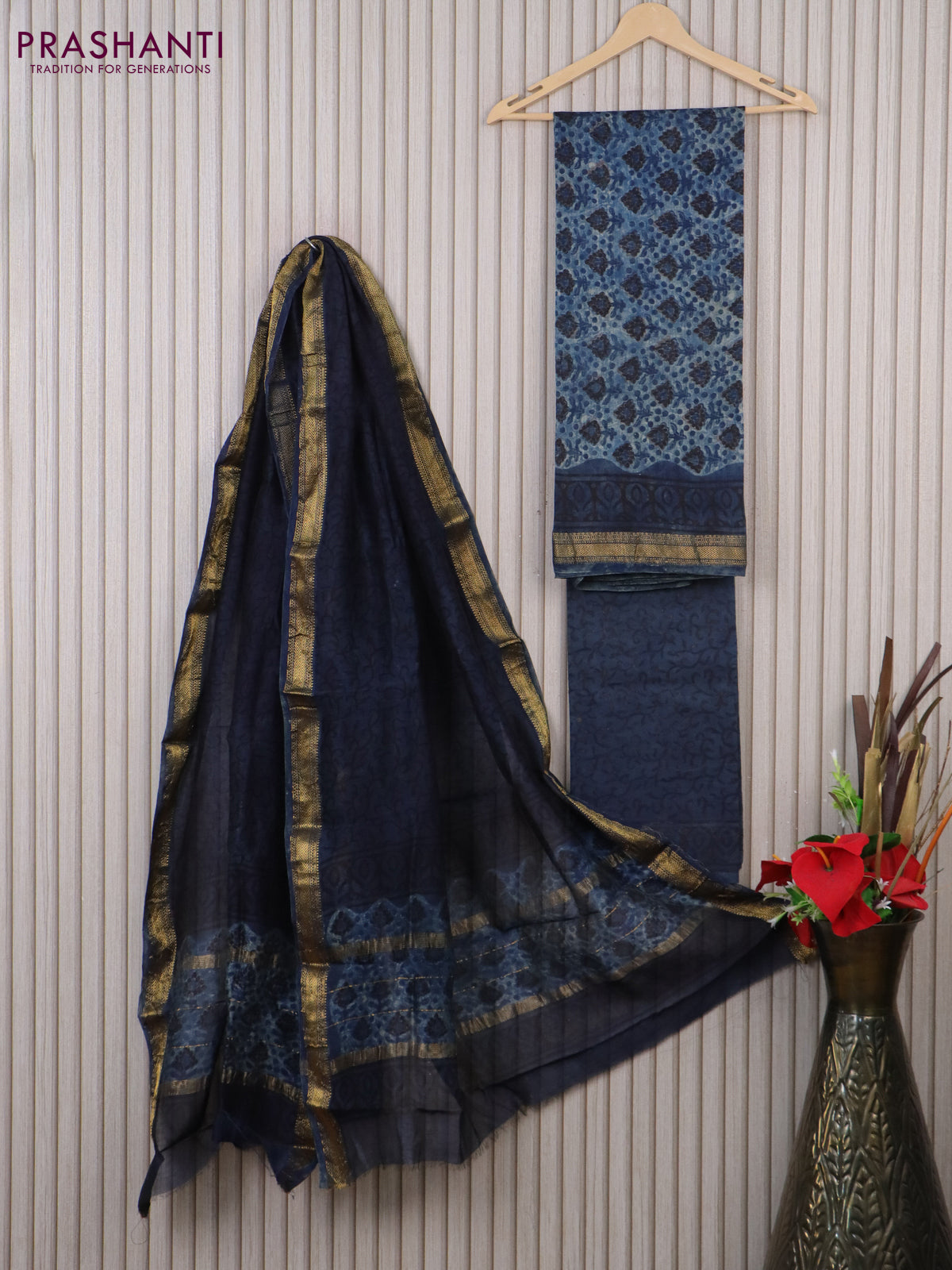 Chanderi dress material indigo blue with allover prints and maheshwari zari border